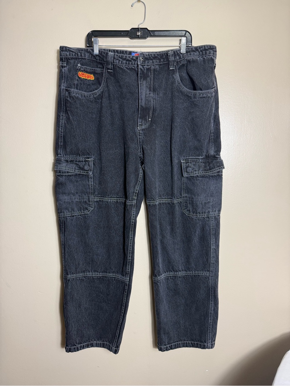Empyre Baggy Wide Leg Cargo Jeans Mens 40x30 Faded Black Y2K Skater